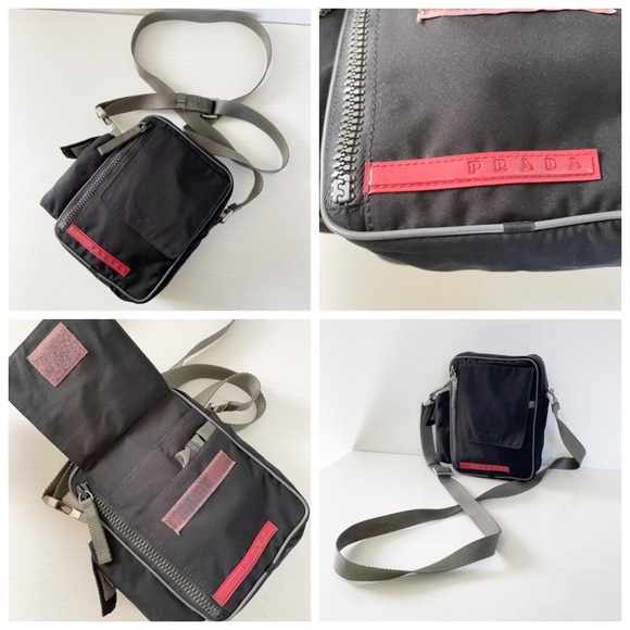Prada 90s archive black tech fabric gray trim small multi pocket crossbody bag - Picture 3 of 9